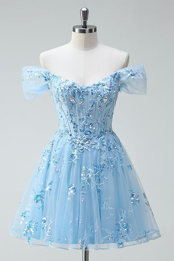 Sparkly Sky Blue Off The Shoulder A-Line Corset Homecoming Dress